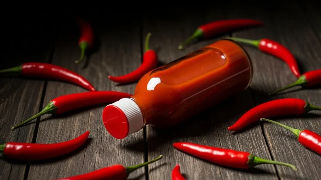 Hot sauce bottle with chili peppers showing sauce nutrition with virtually calorie-free flavor
