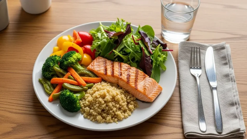 Balanced healthy meal with grilled salmon showing practical seafood nutrition integration in daily diet