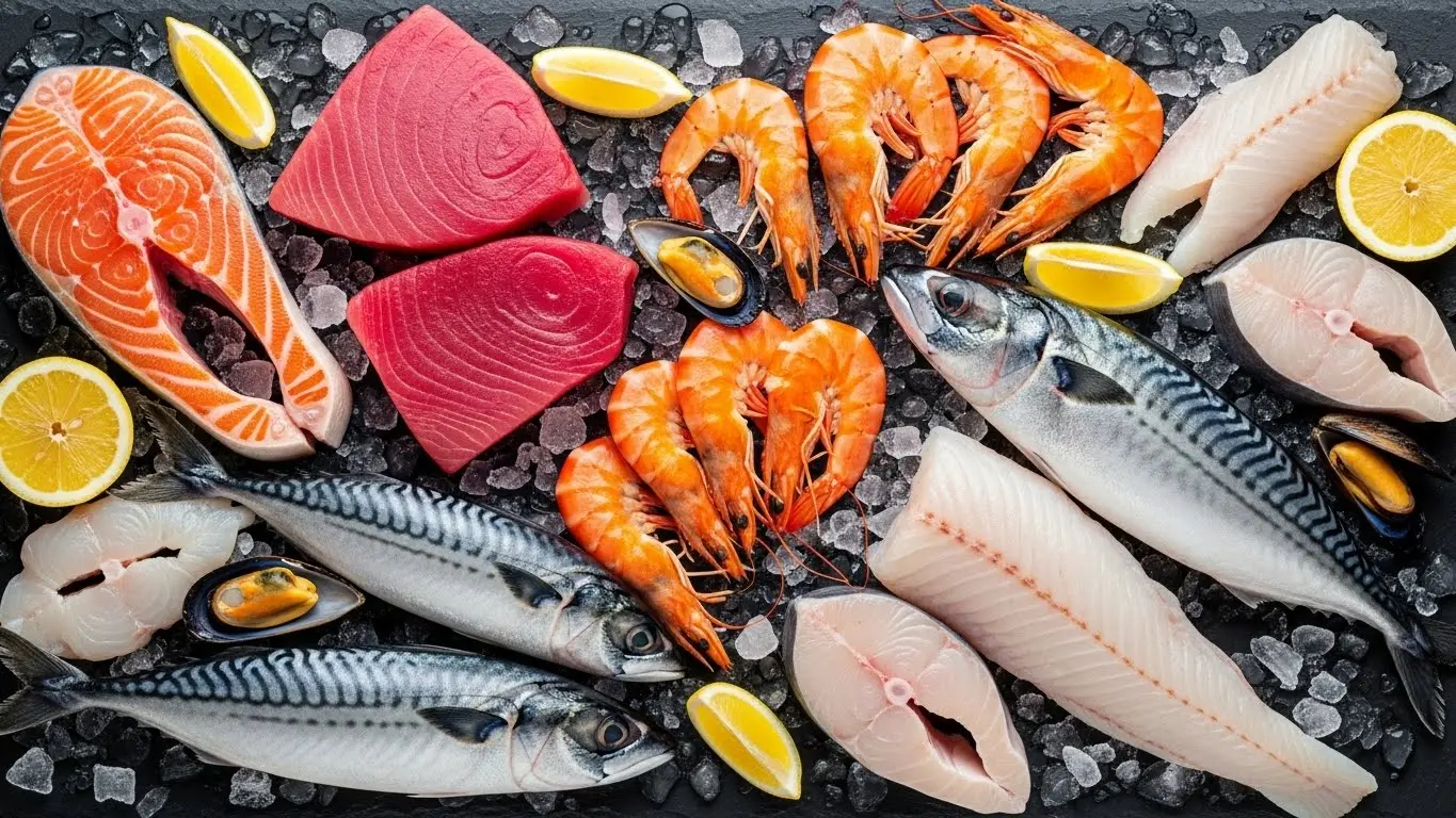 Fresh seafood including salmon, tuna, shrimp, and fish rich in omega-3 fatty acids and high-quality protein