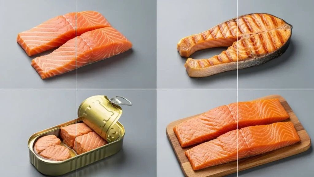 Seafood preparation methods comparison showing raw, cooked, canned, and smoked fish nutrition differences