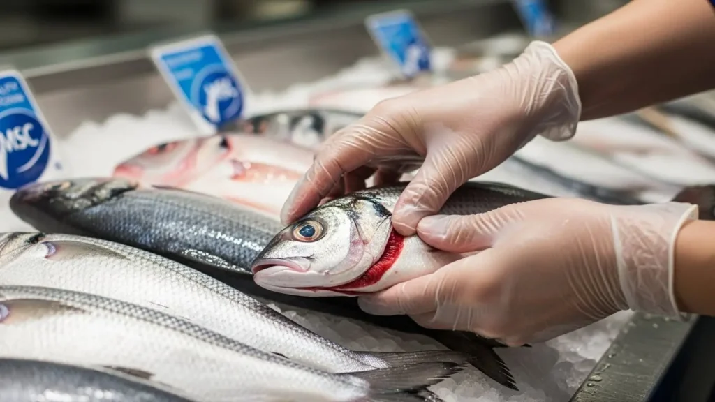 Professional seafood quality inspection showing freshness assessment and sustainability practices