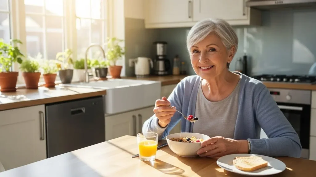 Shredded Wheat Nutrition Facts 2026 : Complete Expert Guide 2 Healthy senior woman enjoying whole grain cereal breakfast in sunny modern kitchen