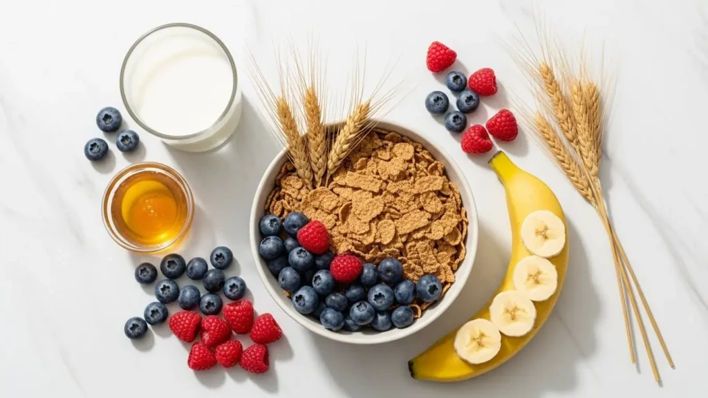 Shredded Wheat Nutrition Facts 2026 : Complete Expert Guide 1 Flat lay of shredded wheat cereal with fresh berries, banana, milk and honey on marble surface