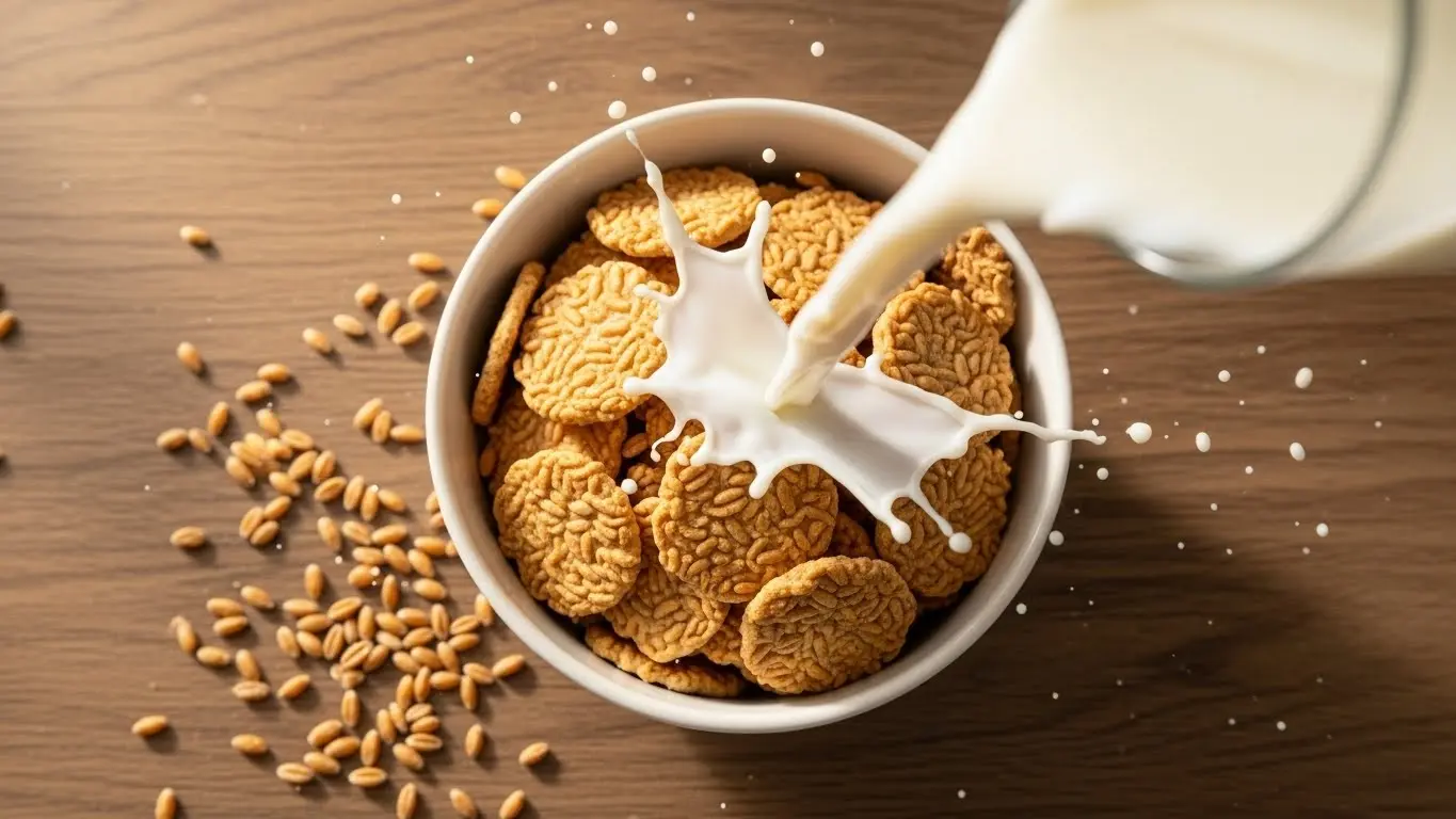 Shredded wheat cereal in white bowl with fresh milk pour on rustic wooden table, morning light