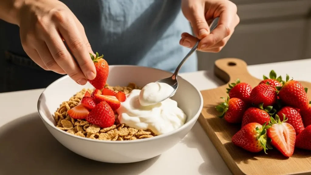 Shredded Wheat Nutrition Facts 2026 : Complete Expert Guide 3 Hands adding fresh strawberries and Greek yogurt to shredded wheat cereal bowl