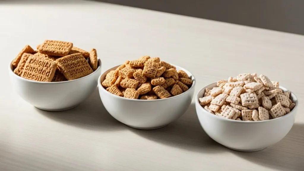 Shredded Wheat Nutrition Facts 2026 : Complete Expert Guide 4 Three bowls showing different shredded wheat varieties - original, spoon-size, and frosted