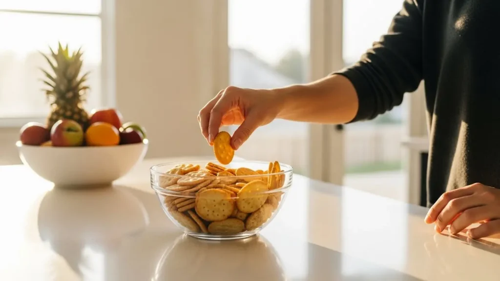 Person selecting crackers from bowl showing snack nutrition facts fundamentals and daily food choices