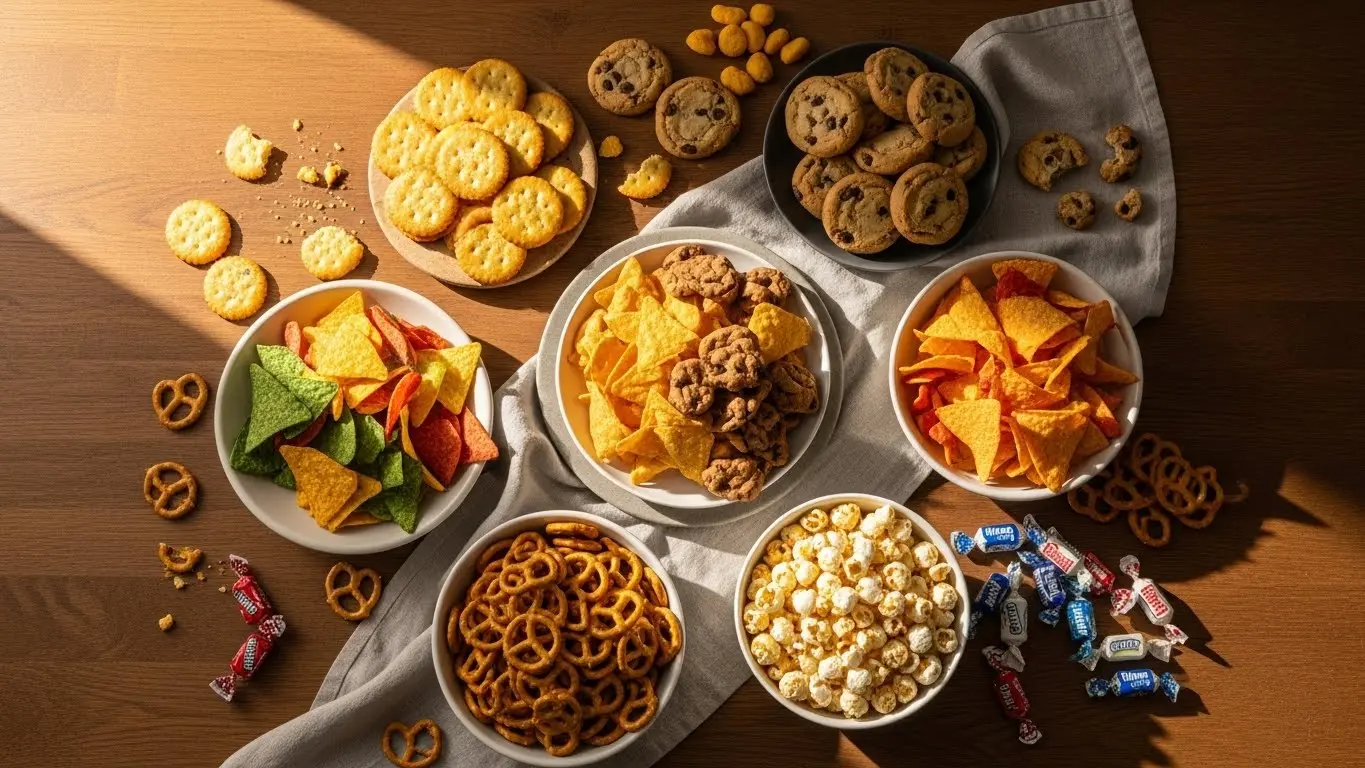 Complete guide to snack nutrition showing variety of crackers, cookies, chips and candy with nutritional information