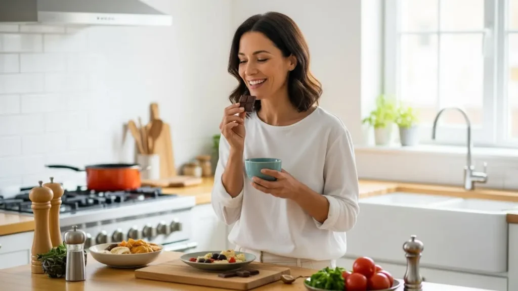 Woman practicing mindful eating with a small chocolate treat as part of balanced snickers health approach