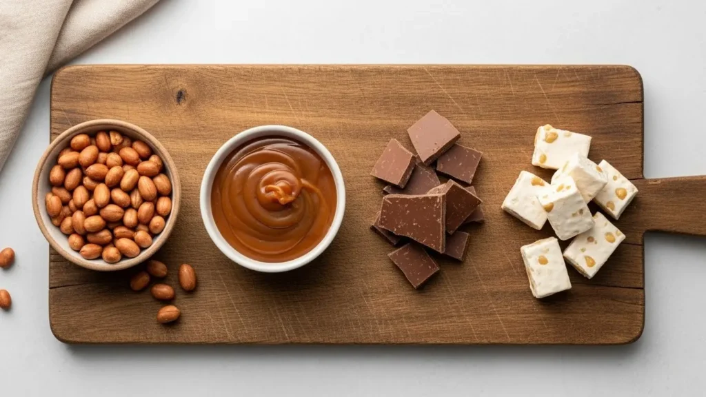 Snickers macros breakdown: peanuts for protein, caramel and chocolate for carbohydrates, and fats from nuts