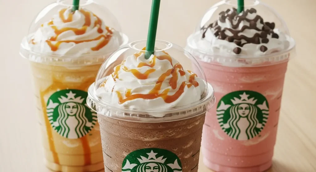 Starbucks Menu Nutrition Facts: Complete Guide to Calories, Macros & Smarter Ordering 2 Starbucks frappuccinos with whipped cream showing high calorie blended beverage options