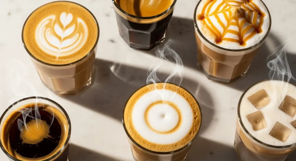 Starbucks Menu Nutrition Facts: Complete Guide to Calories, Macros & Smarter Ordering 1 Starbucks espresso drinks including latte, macchiato and cappuccino showing calorie variety