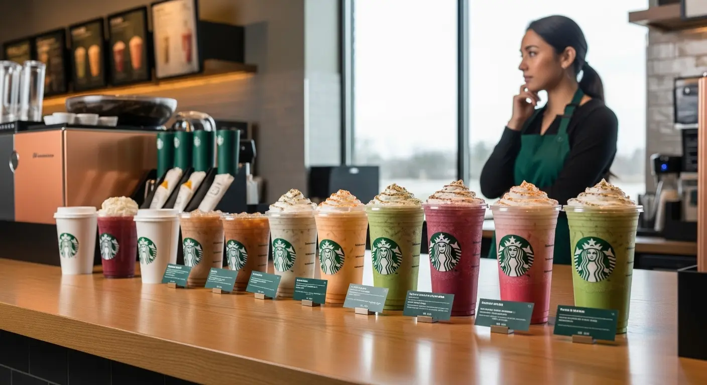 Starbucks menu nutrition guide showing variety of coffee drinks and beverages at counter