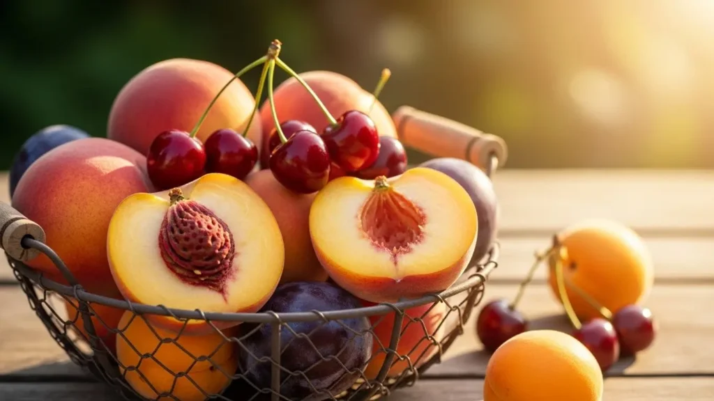 Fresh stone fruits peaches and cherries providing beta-carotene, vitamin C, and natural summer nutrition