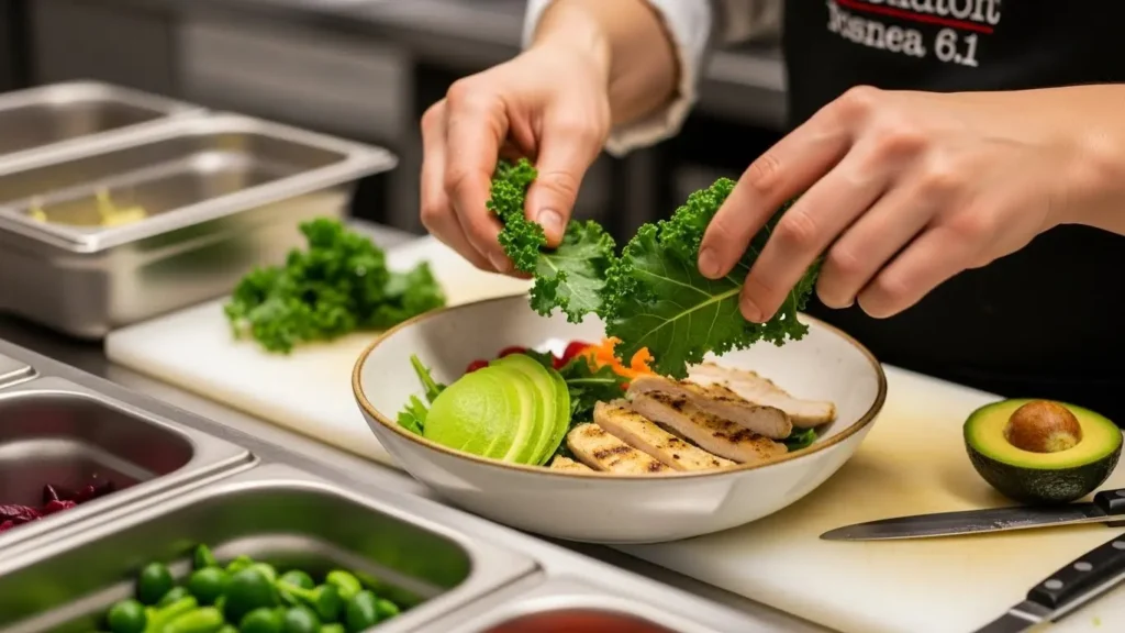 Sweetgreen health benefits: fresh organic kale, avocado, and antibiotic-free chicken being prepared