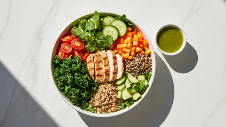Sweetgreen nutrition facts: fresh salad bowl with organic kale, grilled chicken, and whole grains