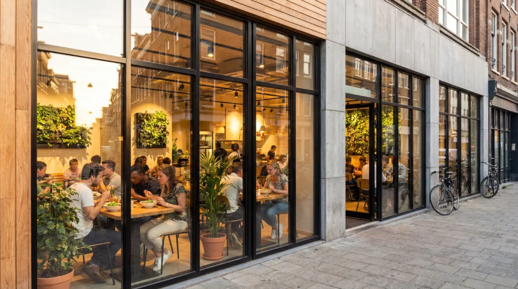 Fast-casual healthy restaurant exterior: modern sustainable dining representing Sweetgreen competitor category