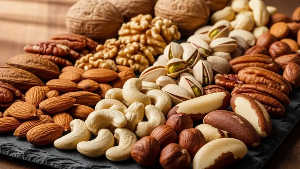 Nuts & Seeds Nutrition Database: Complete Guide to Protein, Fats & Minerals 2026 2 Assorted tree nuts including almonds and walnuts providing healthy fats, protein, and minerals