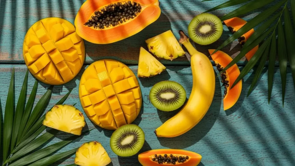 Tropical fruits including mango, pineapple, banana, and papaya offering unique enzyme profiles and vitamin content