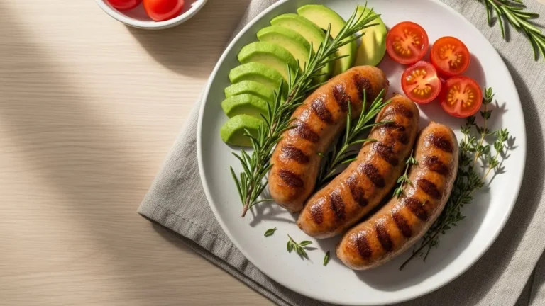 Grilled turkey sausage links with herbs on white plate with avocado and tomatoes healthy breakfast