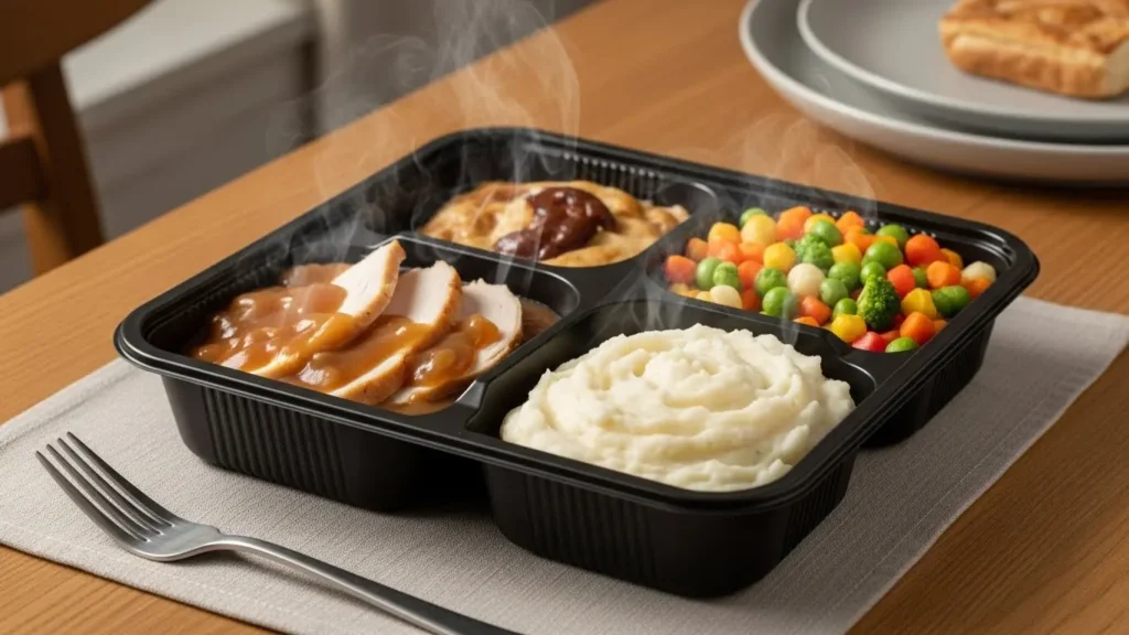 Frozen Foods Nutrition Facts Guide: Complete Analysis of Meals, Pizza & Vegetables 2026 4 Heated TV dinner compartment tray showing frozen entree nutrition with multiple food sections