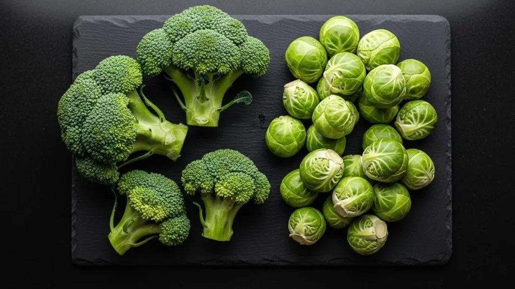 Broccoli and Brussels sprouts showing cruciferous vegetable nutrition with cancer-protective compounds