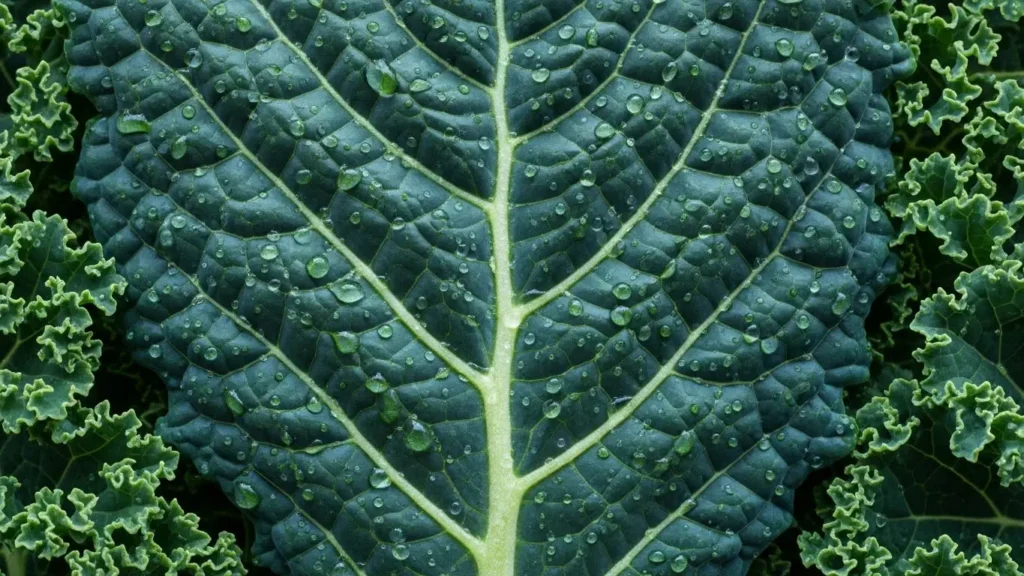 Kale leaf macro showing vegetable nutrition facts and plant-based nutrient density in green vegetables