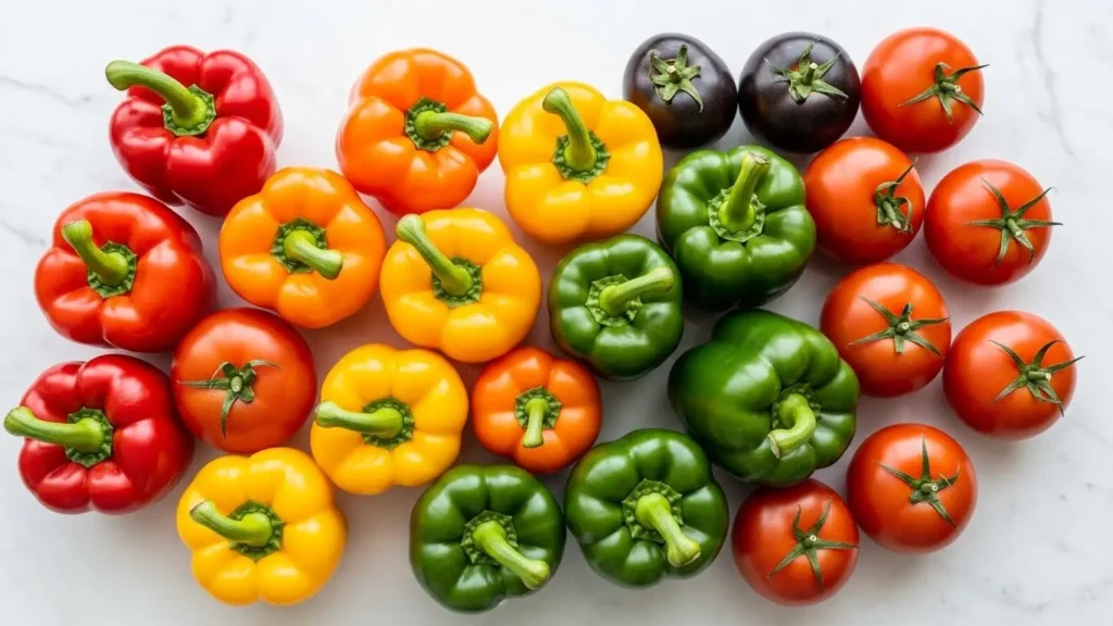 Colorful bell peppers and tomatoes showing vegetable vitamins with high vitamin C and lycopene content