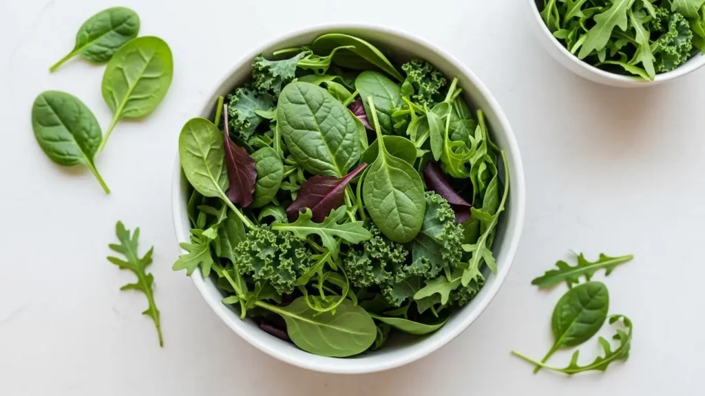 Fresh leafy greens salad showing veggie nutrition density in spinach, kale and mixed greens