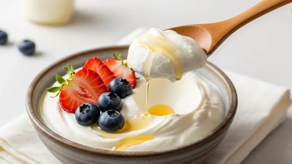 Dairy Products Nutrition: Complete Database 3 Thick creamy greek yogurt in ceramic bowl with wooden spoon showing dense protein-rich texture topped with fresh berries and honey