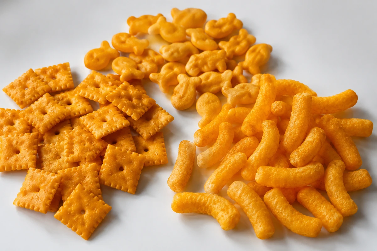 Different cheese snacks arranged in groups on a white surface for comparison