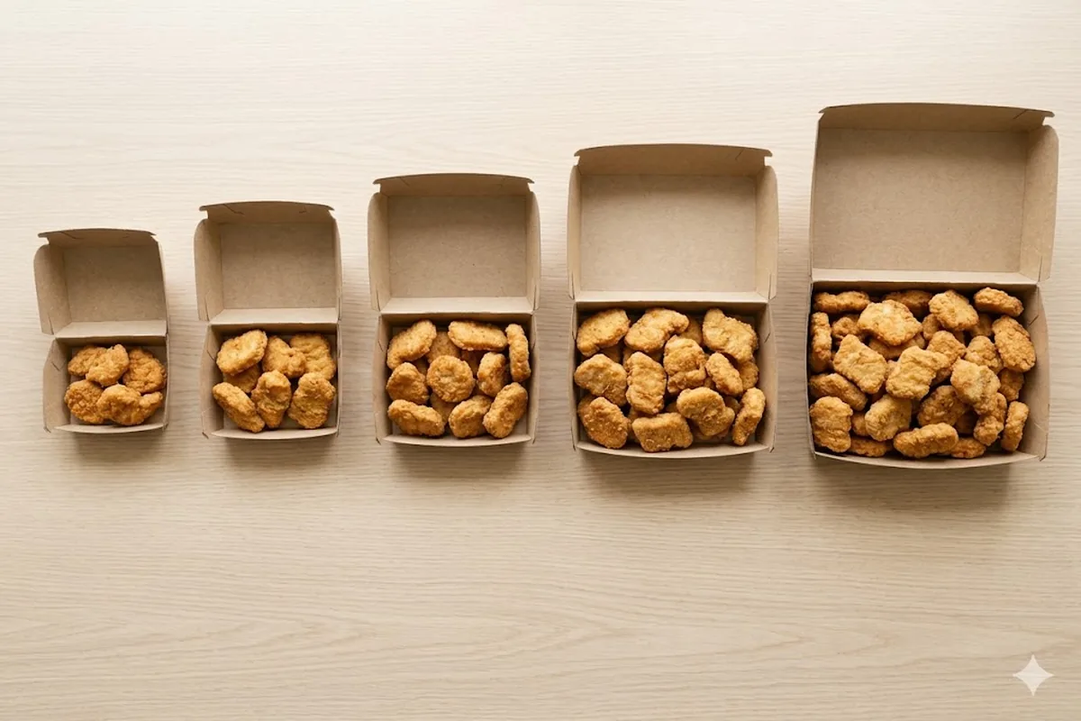 Chicken nugget order sizes lined up from small to large for comparison