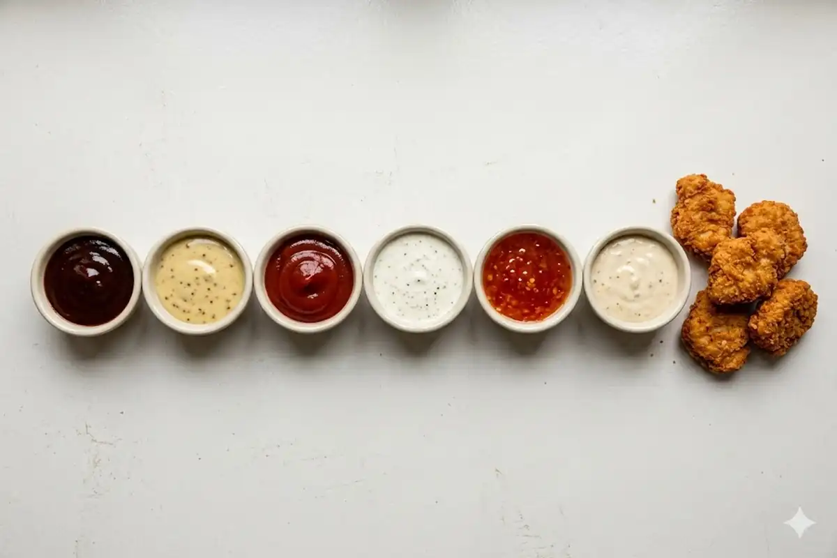A row of dipping sauce tubs next to breaded chicken nuggets