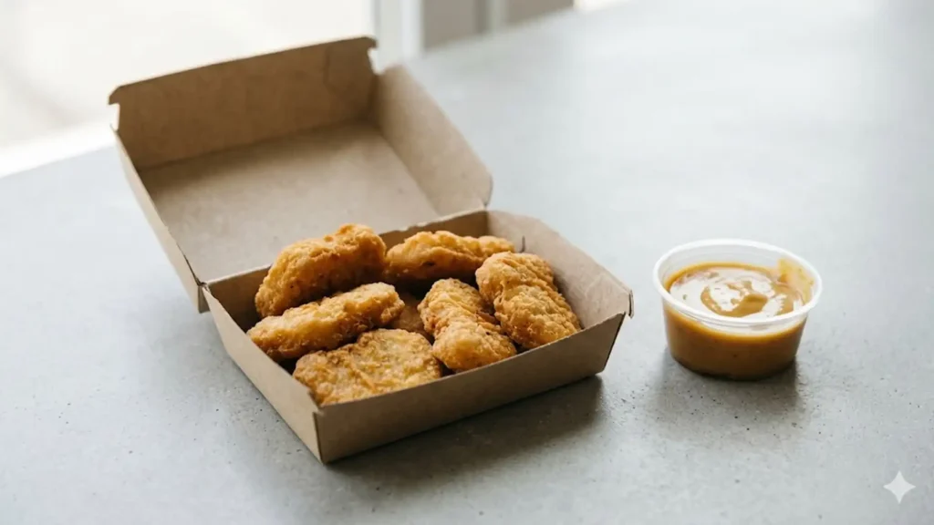 A 6-piece order of breaded chicken nuggets with a tub of dipping sauce