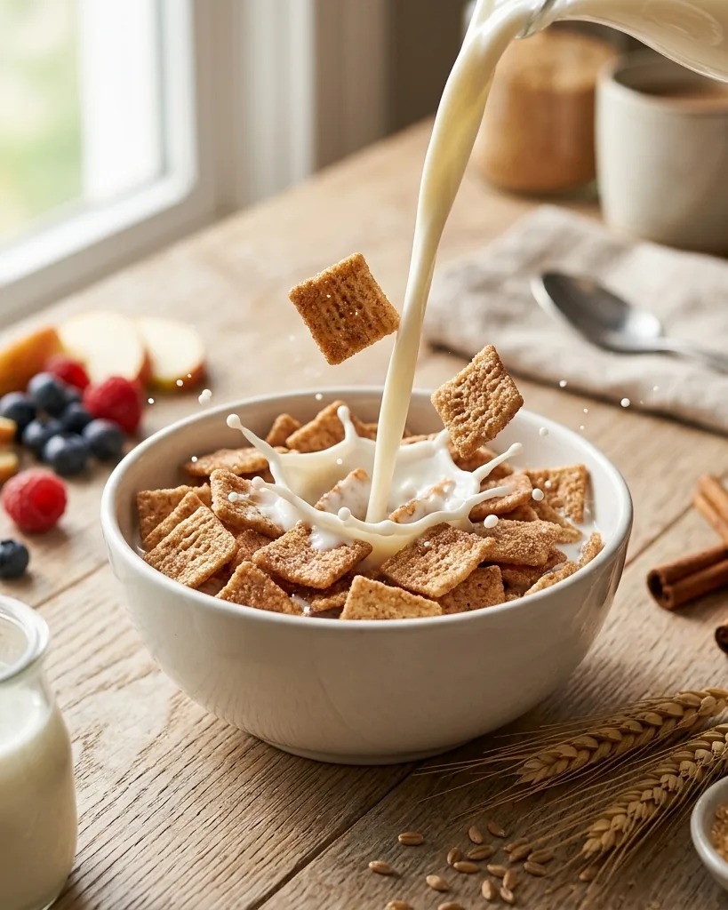 A bowl of square cinnamon-sugar cereal in milk with a spoon