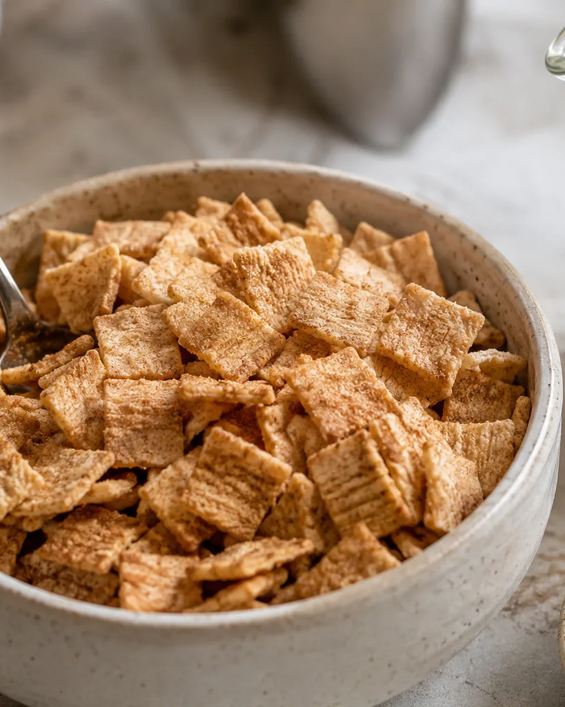 Milk being poured over a bowl of square cinnamon cereal