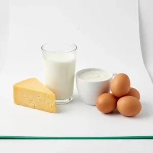 Dairy & Eggs hub hero, a glass of milk, cheese, yogurt and eggs on a clean light surface