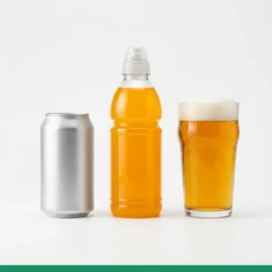 Drinks & Beverages hub hero, a soda can, sports drink bottle and a glass of beer on a clean light surface