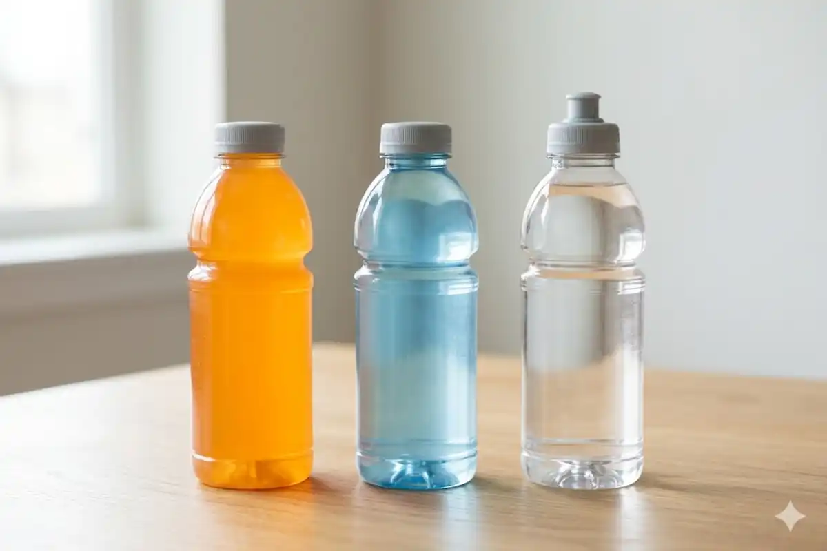 Three sports drink bottles in different colors lined up for comparison