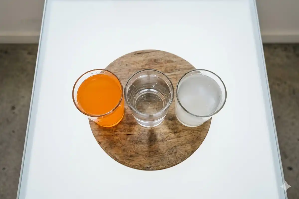 A sports drink next to plain water and coconut water for comparison