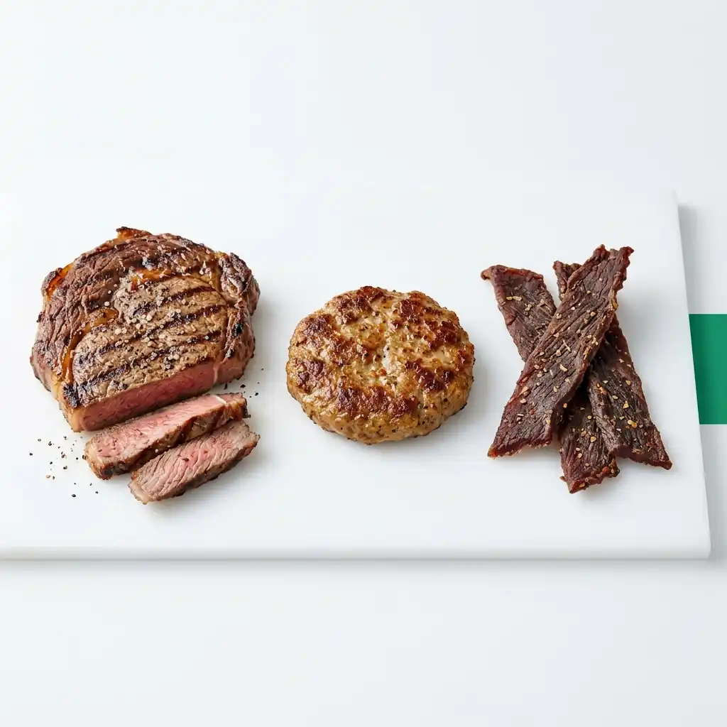 Meat & Protein hub hero, a portion of steak, a sausage patty and jerky on a clean light surface