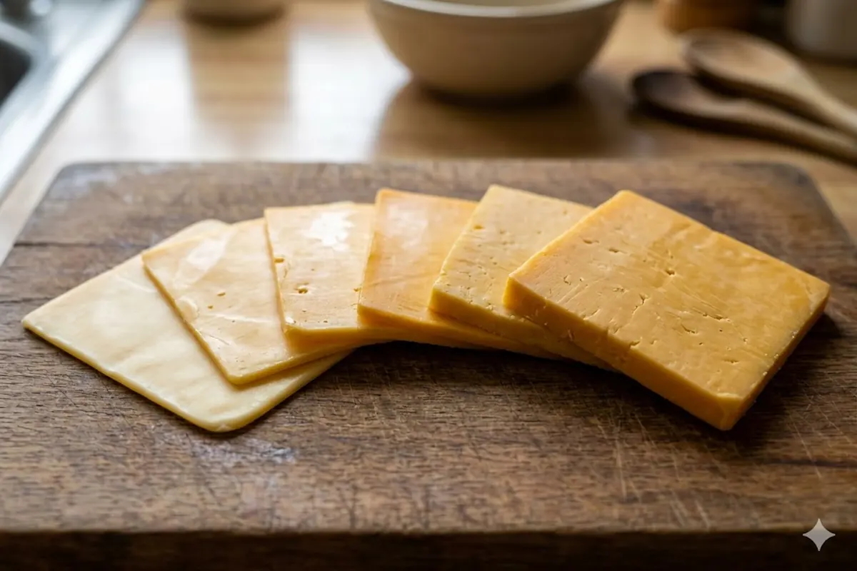 American cheese brands and cuts compared Several American cheese slices of different thickness fanned out on a board, illustrating how brands and cuts compare in nutrition