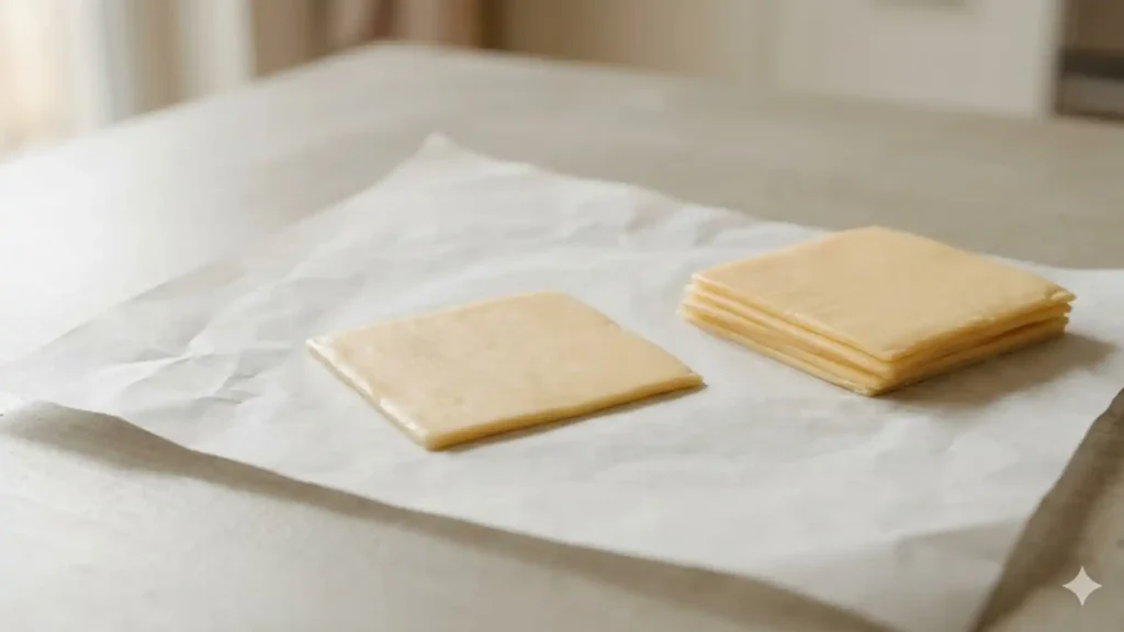 A single pale-yellow American cheese slice on parchment beside a small stack of slices, illustrating American cheese slice nutrition facts