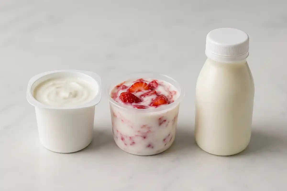 Three yogurt formats compared side by side Three yogurt products side by side on a white surface for nutrition comparison