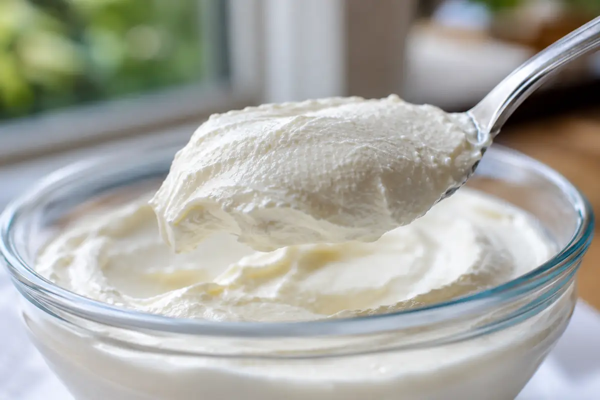 Thick strained Greek yogurt on a spoon Spoon lifting thick strained Greek yogurt showing its dense high-protein texture