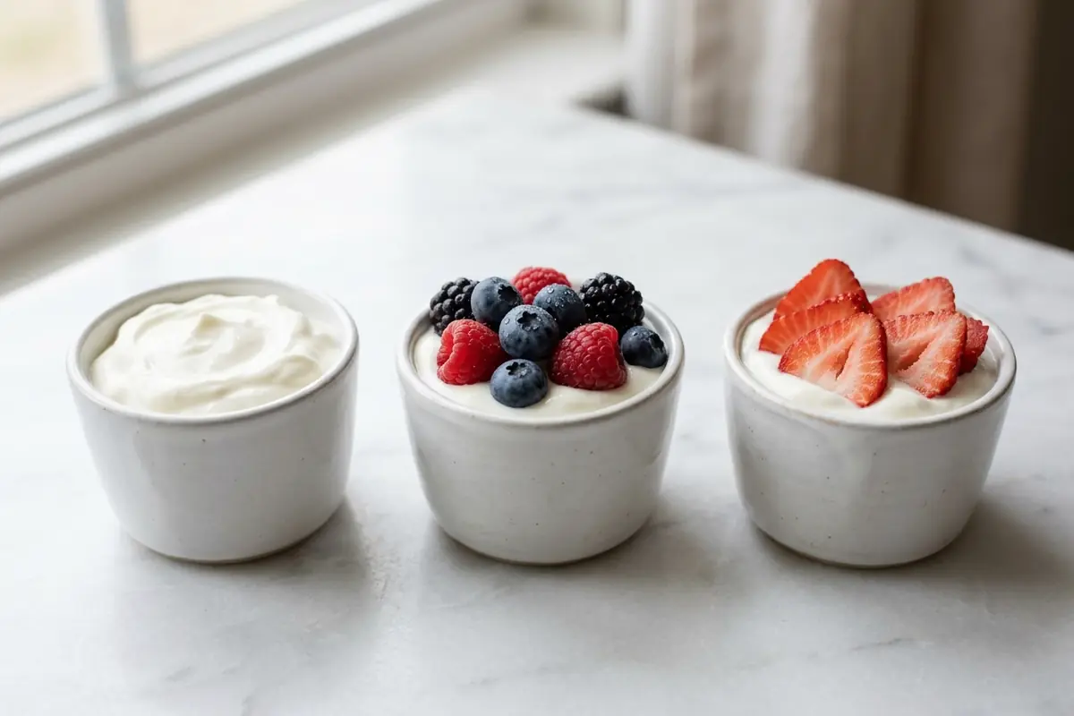 Row of three Greek yogurt cups with plain, mixed berry and strawberry toppings for flavor comparison