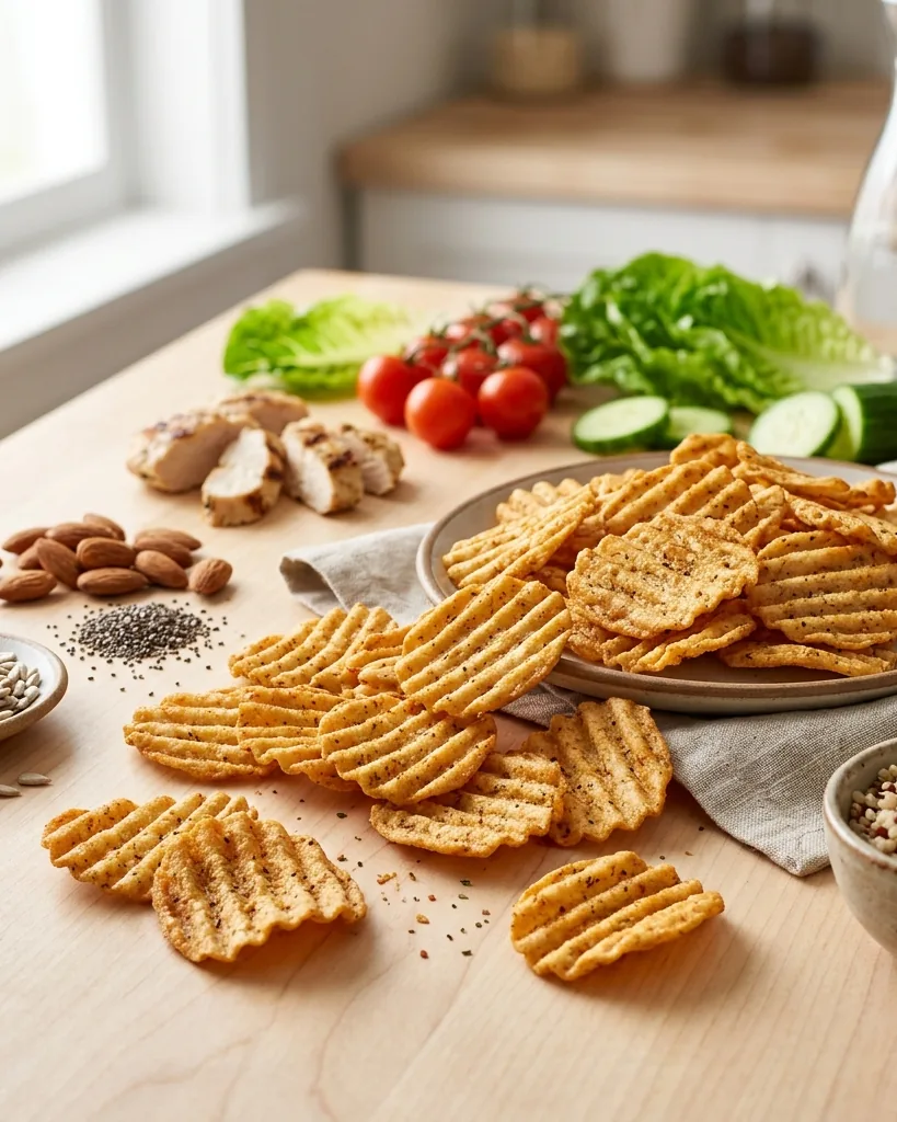 Seasoned tortilla-style protein chips on a counter with chicken, vegetables, almonds and seeds