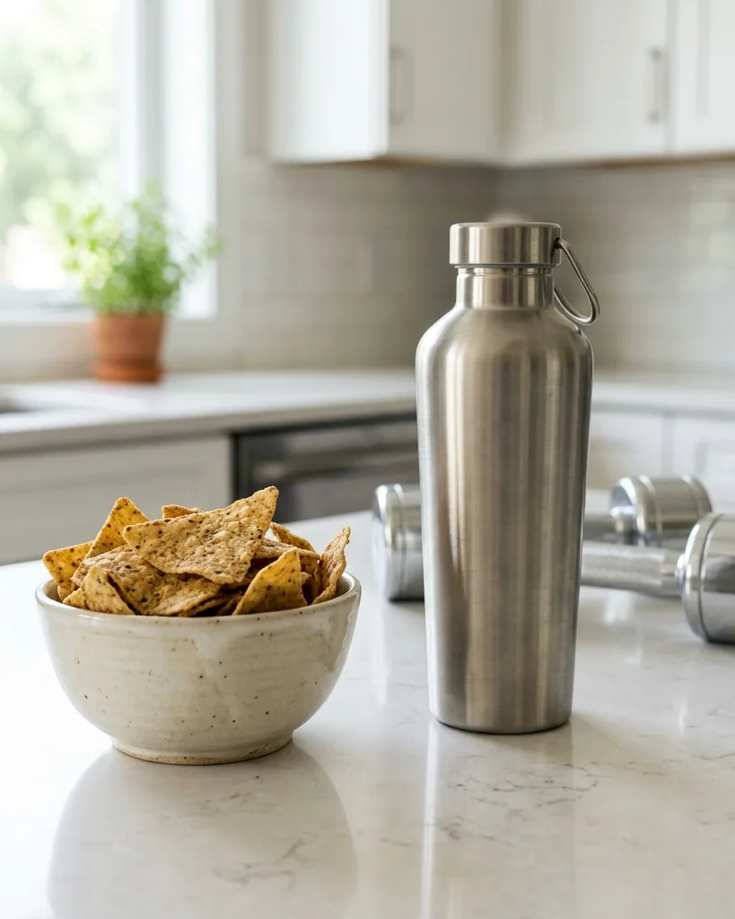 Tortilla-style protein chips beside a shaker, a high-protein snack