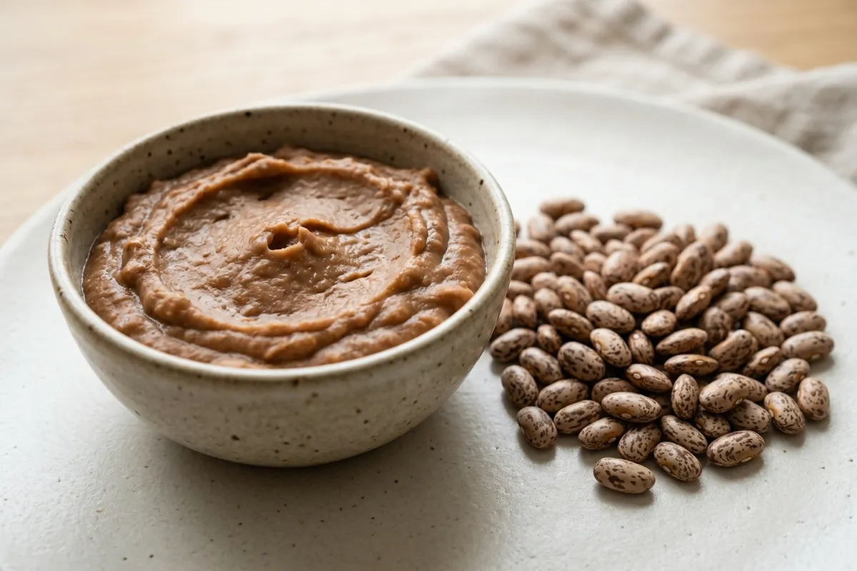What refried beans are made of: mashed pinto beans Mashed refried beans beside whole pinto beans showing the main ingredient