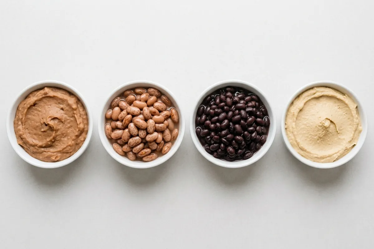 Refried beans compared with pinto beans, black beans and hummus Four bowls comparing refried beans, pinto beans, black beans and hummus for protein and fiber